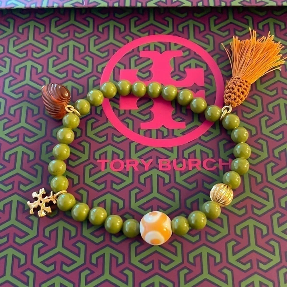 Tory Burch Beaded Charm Bracelet Green Beads Tassel Gold Logo Stretch Bracelet